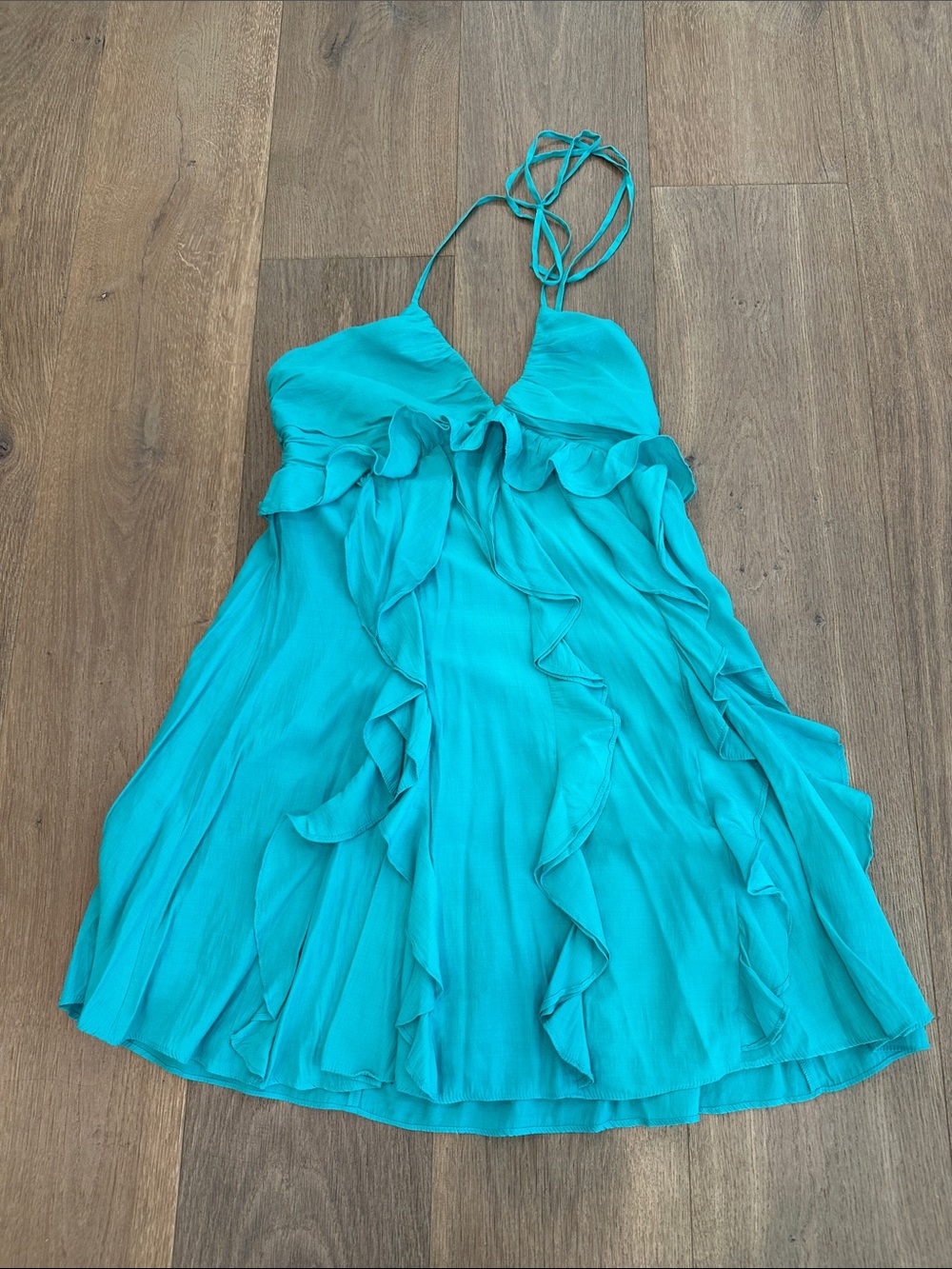 Flirty Teal Ruffle Mini Dress with Spaghetti Straps